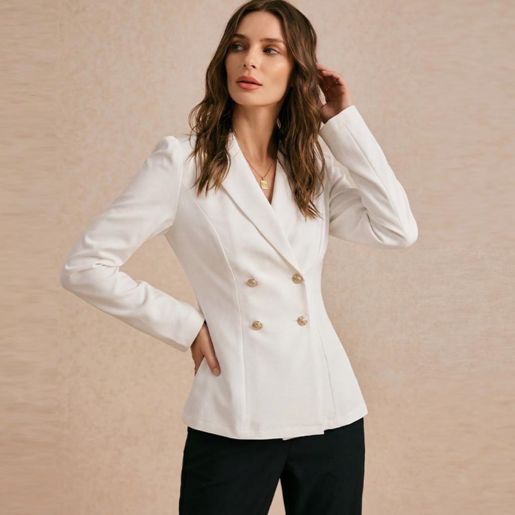 Damen Reverskragen Langarm Blazer Slim Fit Elegante Einfarbige Zweireihige Jacke Mantel