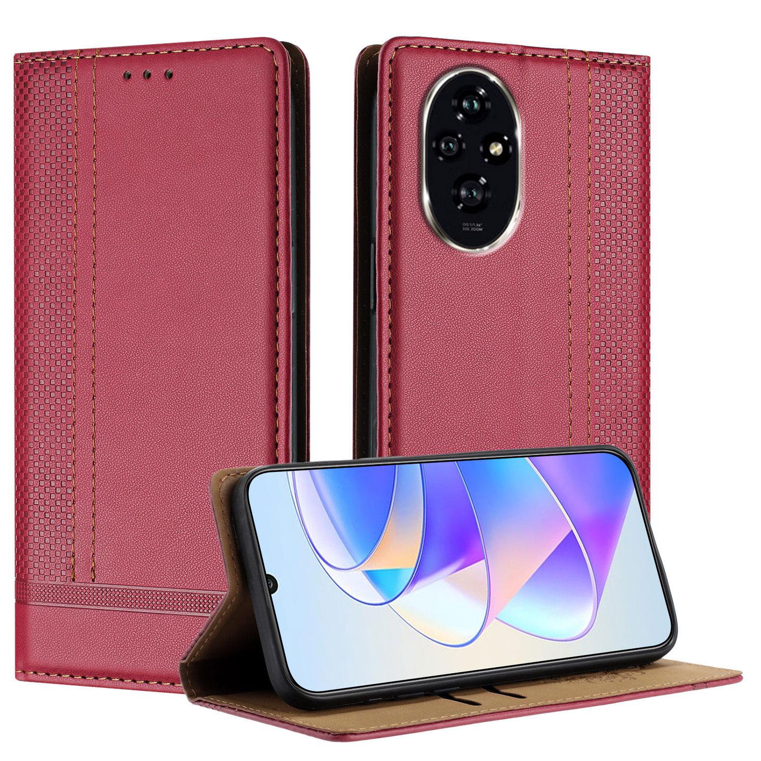 

For Honor 200 Pro 5G Case L-Shaped Grid Pattern Leather Stand Phone Cover with Card Slots Red