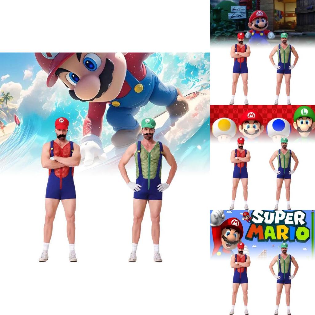 Unique Mario Cosplay Costume Set With Hat Gloves Mustache And Suspenders For Adults