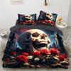 Skull Rose Duvet Cover Set, Gothic Skeleton Bedding Set, Soft Microfiber Quilt Cover Pillowcase, King Queen Size