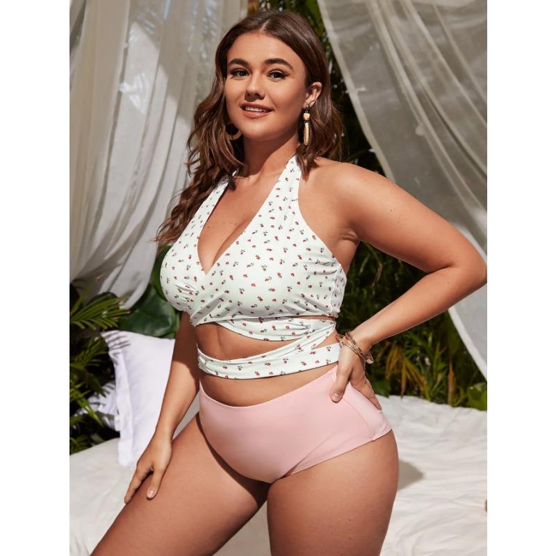 Womens Swimwear Two Piece Plus Size Bikini Set Printed Front Cross Bandage Swimsuit Tummy Control Bathing Suits