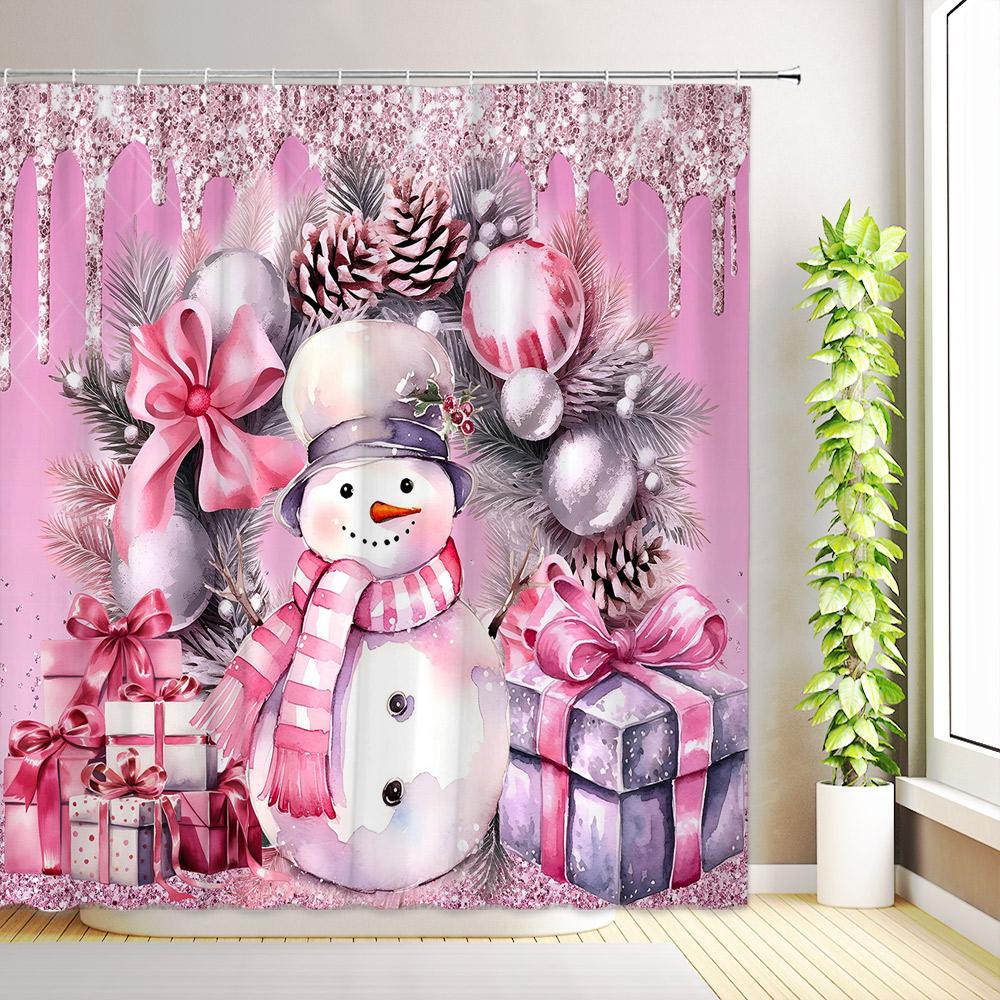 Winter Christmas Shower Curtain Pink Xmas Tree Snowman Santa Claus Snowflake New Year Bath Curtains Bathroom Decor with Hooks