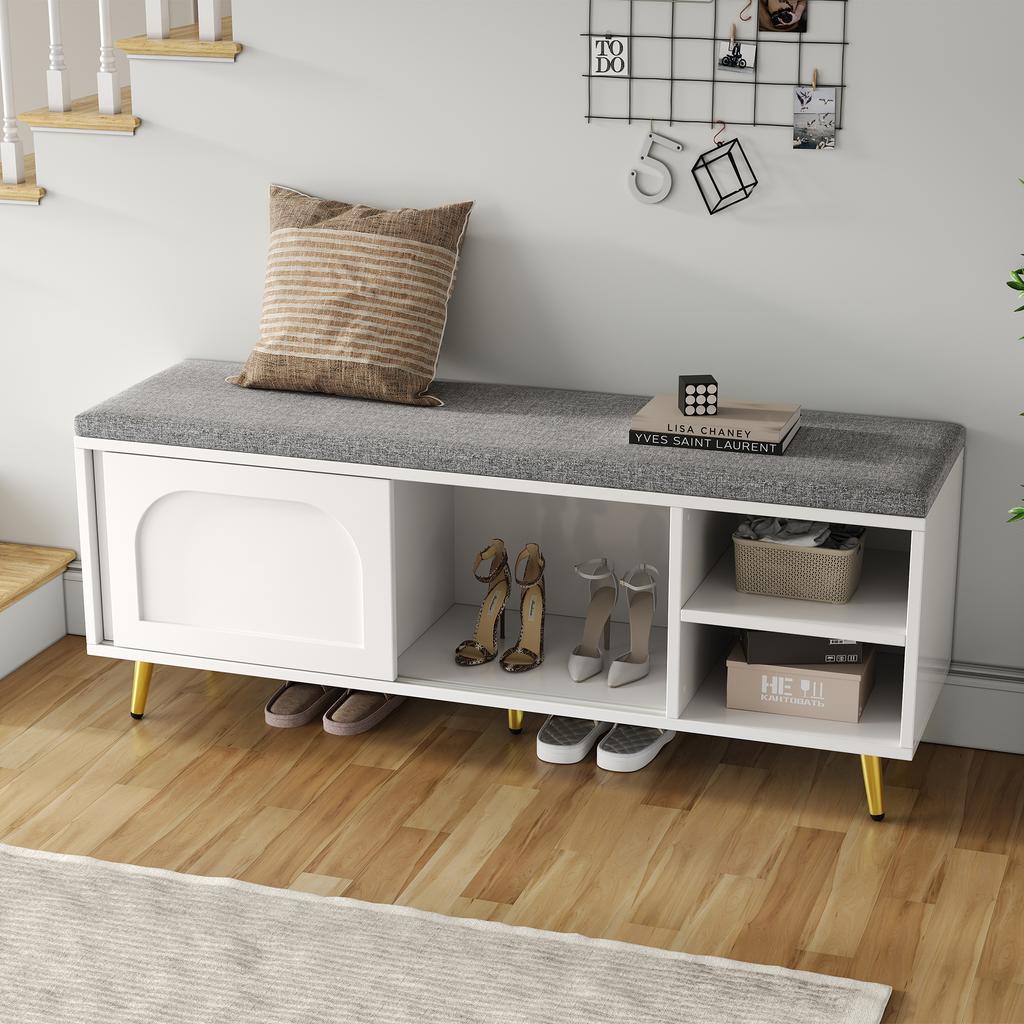 Shoe Bench, Shoe Rack with Bench Seat, Bench with Seat Cushion, Shoe Cabinet with Storage, Hallway Bench, White, Dimensions: W121×D35×H49cm