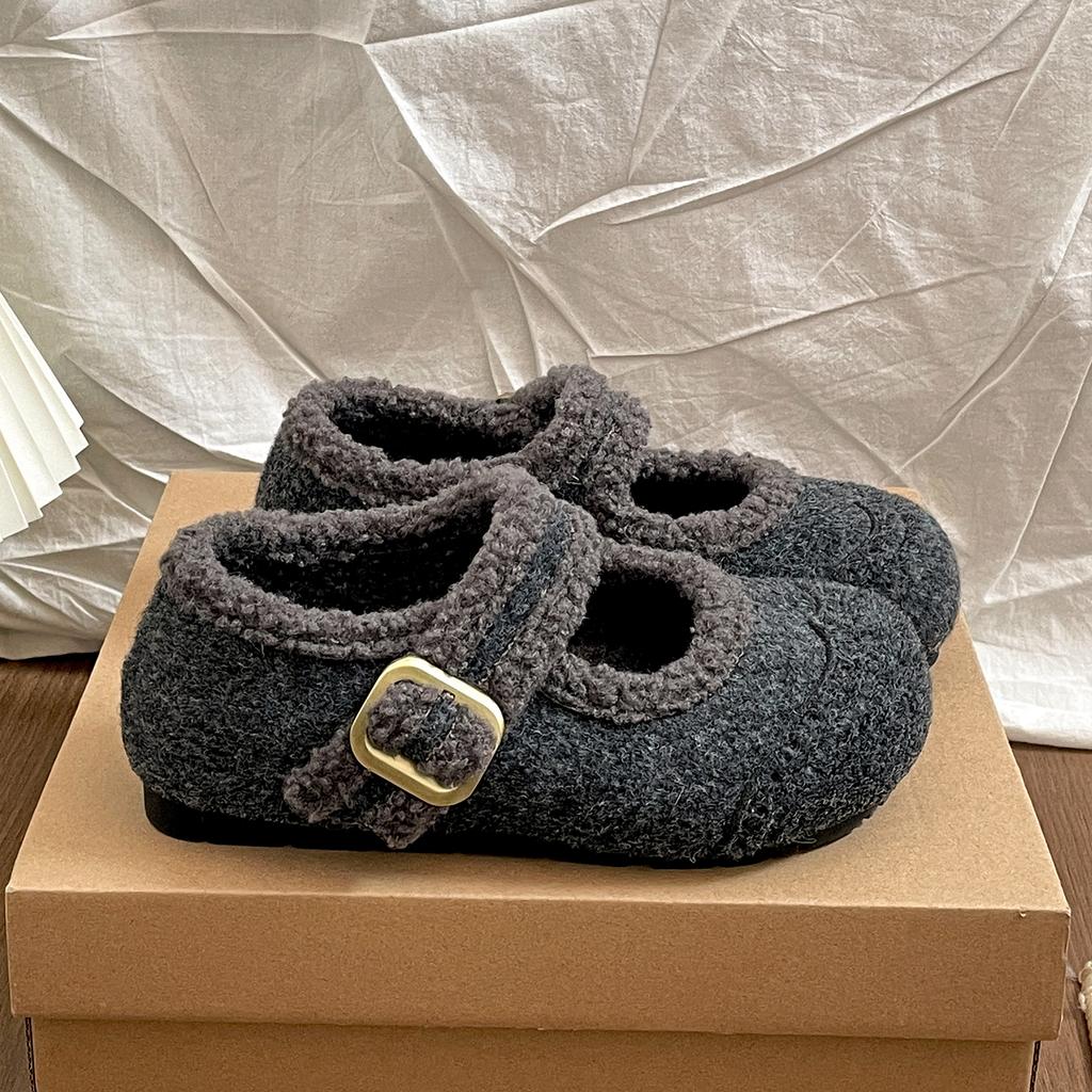 Autumn Winter Vintage Women Fur Lining Mary Jane Shoes Concise Soft Sole Flats Shoes Ladies Comfort Warm Short Plush Snow Shoes