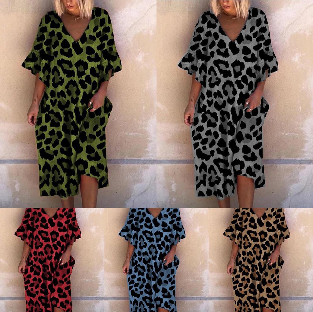 Plus Size Leopard Mid Long Dresses Half Sleeve Women Summer Casual Beach Party Dress Loose Vintage Holiday