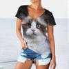 Summer V-neck 3D Printed Funny Cat Pattern Top Fashionable Casual Short Sleeved Women's T-shirts