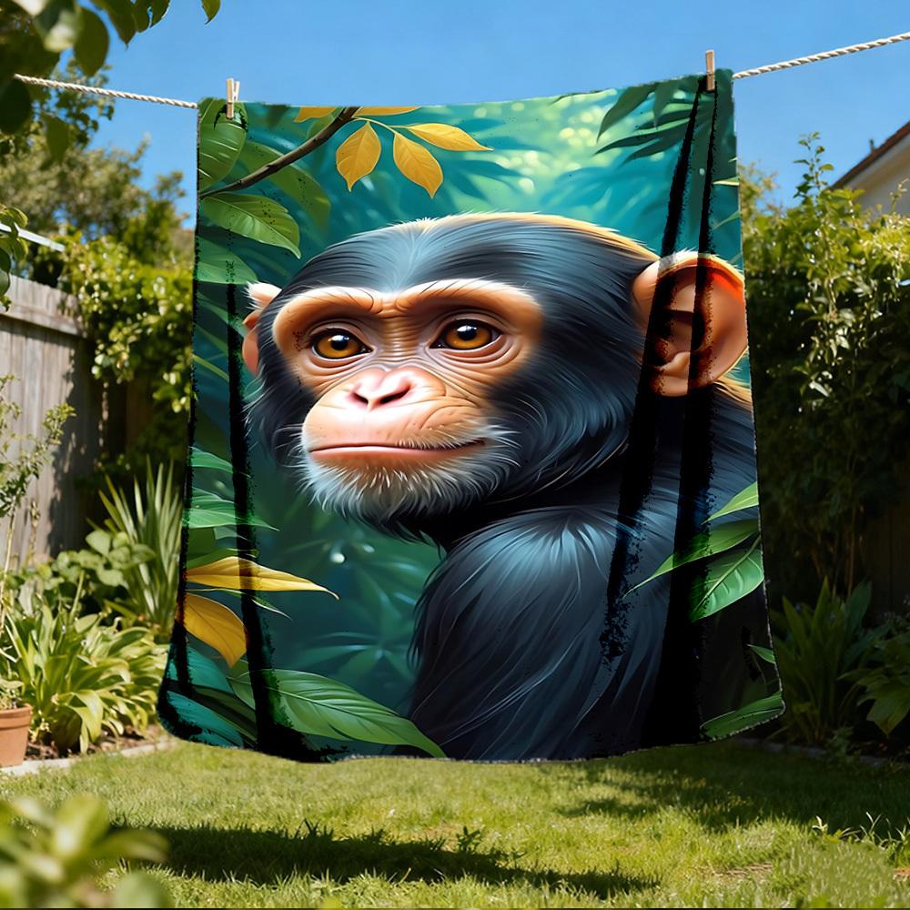 1pc Chimpanzee Print Throw Blanket Polyester Fiber, Lightweight Flannel, Soft & Warm, All Season Use for Outdoor, Camping Digital Print