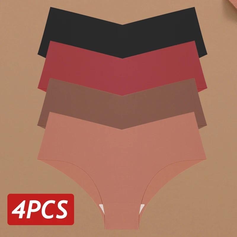 4PCS Women Seamless Briefs Sexy V-Waist Underwear 10 Solid Colors Ice Silk No Trace Panties Female Breathable Intimates Lingerie