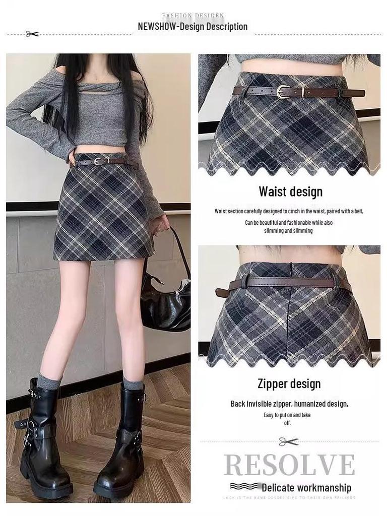 Women's High Waist Plaid Wool A-Line Skirt - Retro Style for Spring and Autumn