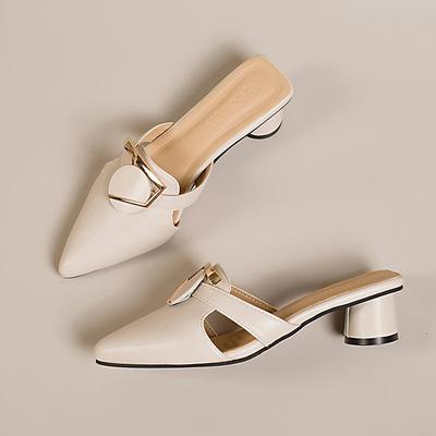 Chunky Heeled Women's Slippers Pointed Toe Mid Heels Shoes Elegant Pumps 2025 Summer Fashion Sandals Party Zapatillas De Mujer