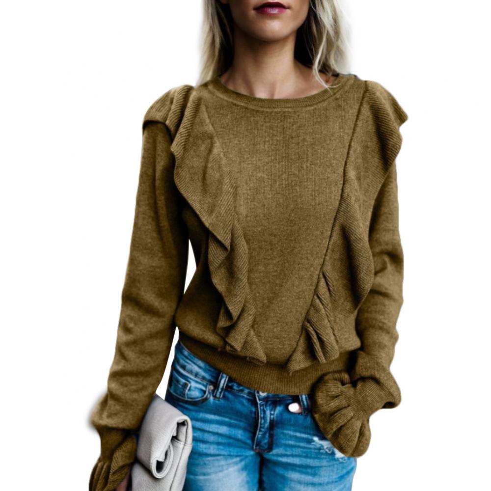 Fashion Women Solid Color Ruffled Long Sleeve O Neck Pullover T-shirt Blouse Top