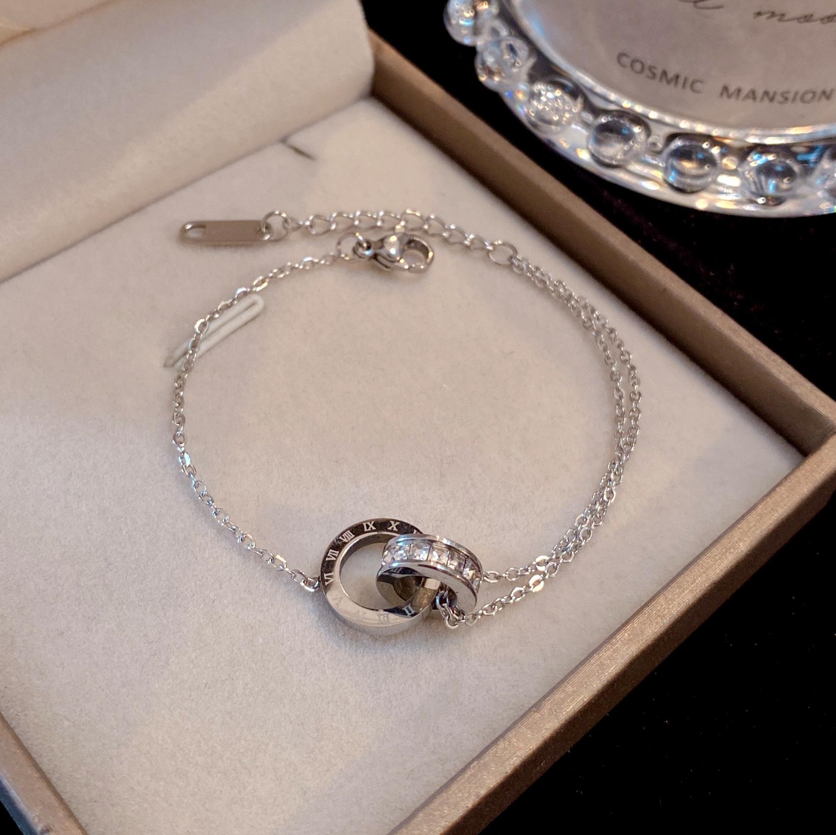 Браслет-бенгл из титановой стали цвета розового золота с цирконами и римскими цифрами, двойное кольцо, в японском и корейском стиле