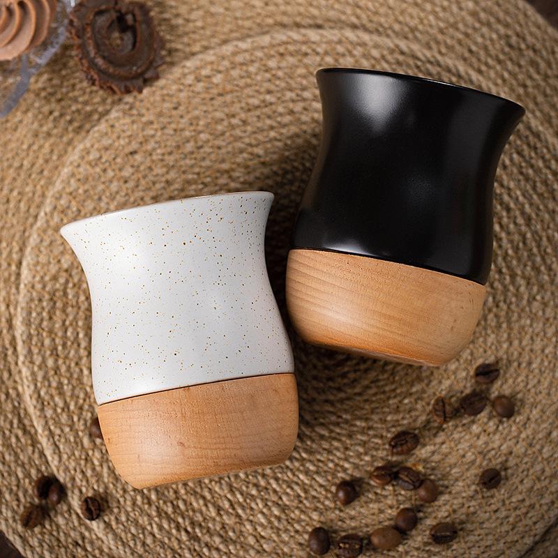 260ml Vintage Stoneware Coffee Mug with Wooden Saucer - Handcrafted Ceramic Espresso Cup for Office & Home Use