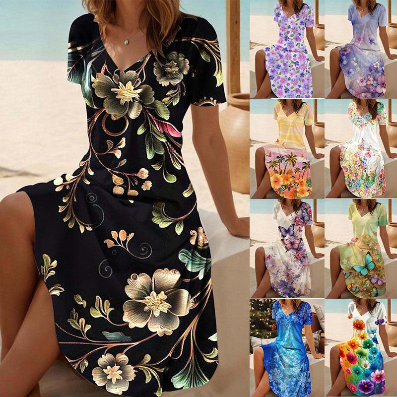 Women's Floral Print V-Neck Short Sleeve Dress,Black Background with Multicolor Flowers,Casual Beach Dress