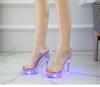 Damesandaler med LED-lys Gjennomsiktig hæl Sexy Superhøye hæler Lysende Stilettsandaler Gjennomsiktige Bryllupssko. LFD-1099-F