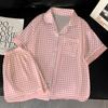 Summer Ice Silk Pajamas Women'S Short-Sleeved Shorts Lapel Sexy Pink Thousand Bird Grid Loungewear Suit Girl