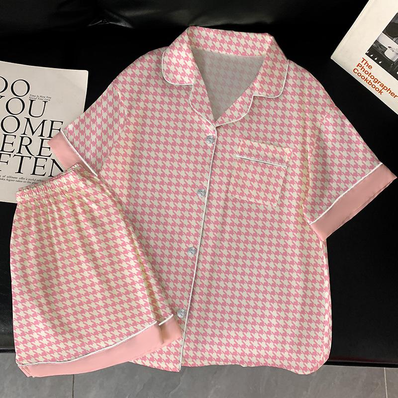 Summer Ice Silk Pajamas Women'S Short-Sleeved Shorts Lapel Sexy Pink Thousand Bird Grid Loungewear Suit Girl
