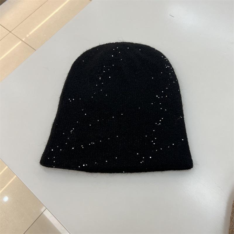 Thickened Silver Sequined Wool Double-layer Knitted Hat Children's Winter Warm Elegant Plain Literary Wool Stacking Hat