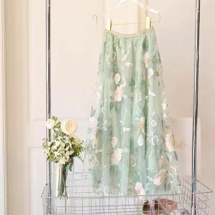 Women Spring Fall High Waist All Match Embroidery Flower Mesh A Line Skirt