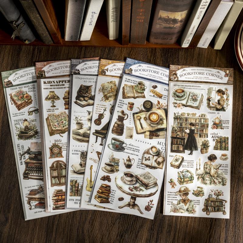Bookstore Corner Transfer Stickers Vintage Style for Journaling Planner Decoden Scrapbooking Craft Supplies High Aesthetic