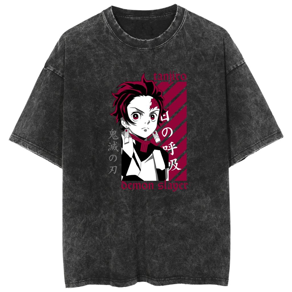 Manga Demon Slayer Graphic T-shirt Tanjirou Harajuku Vintage Washed Oversized T Shirt Men Women Clothing Short Sleeve
