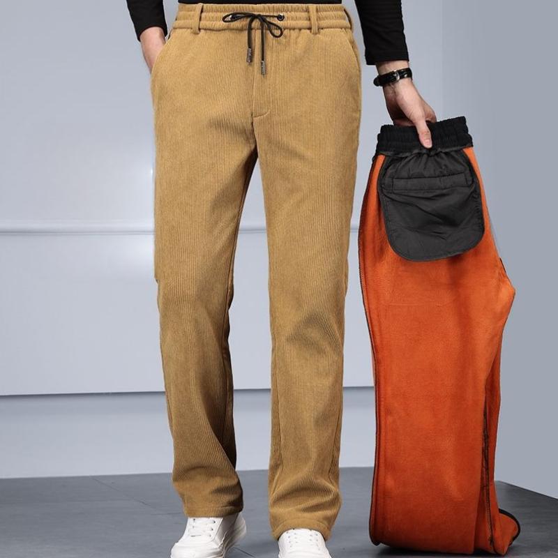 Men's Autumn Winter Fleece Lined Thickened Corduroy Casual Straight Leg Pants Loose Striped Long Pants for Middle-Aged Men