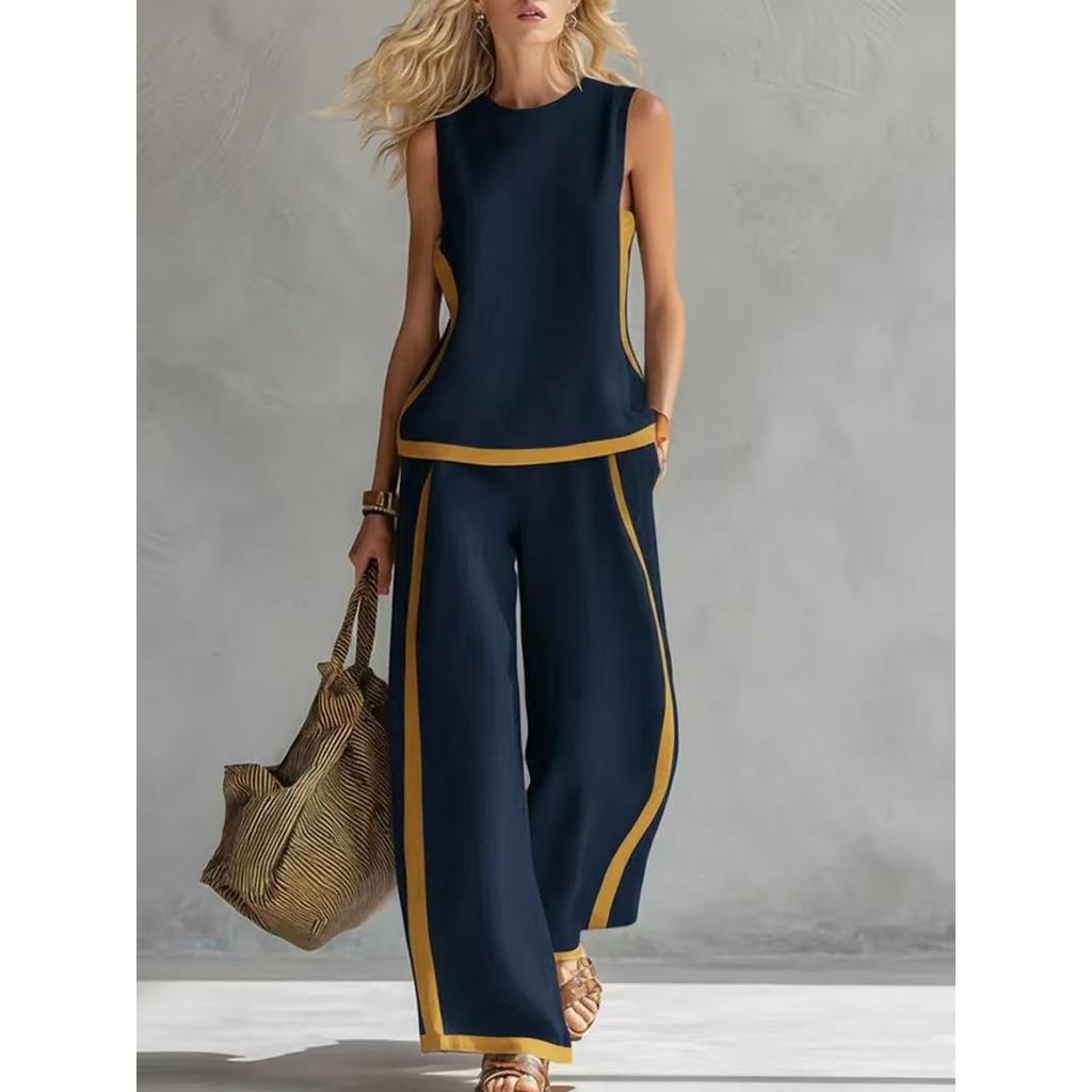 New Women's Sleeveless Color Block Wide Leg Pants 2-Piece Set, Summer Casual Fashion Outfit For European American