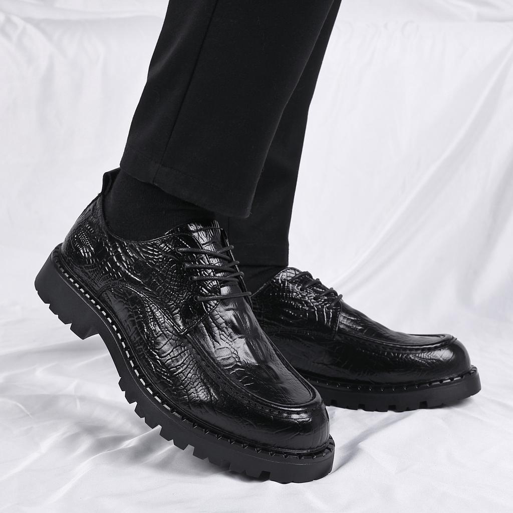 Black Leather Shoes Men's Business Dress Autumn and Winter Young People British Casual Soft Sole Heightening Wedding Shoes Men's