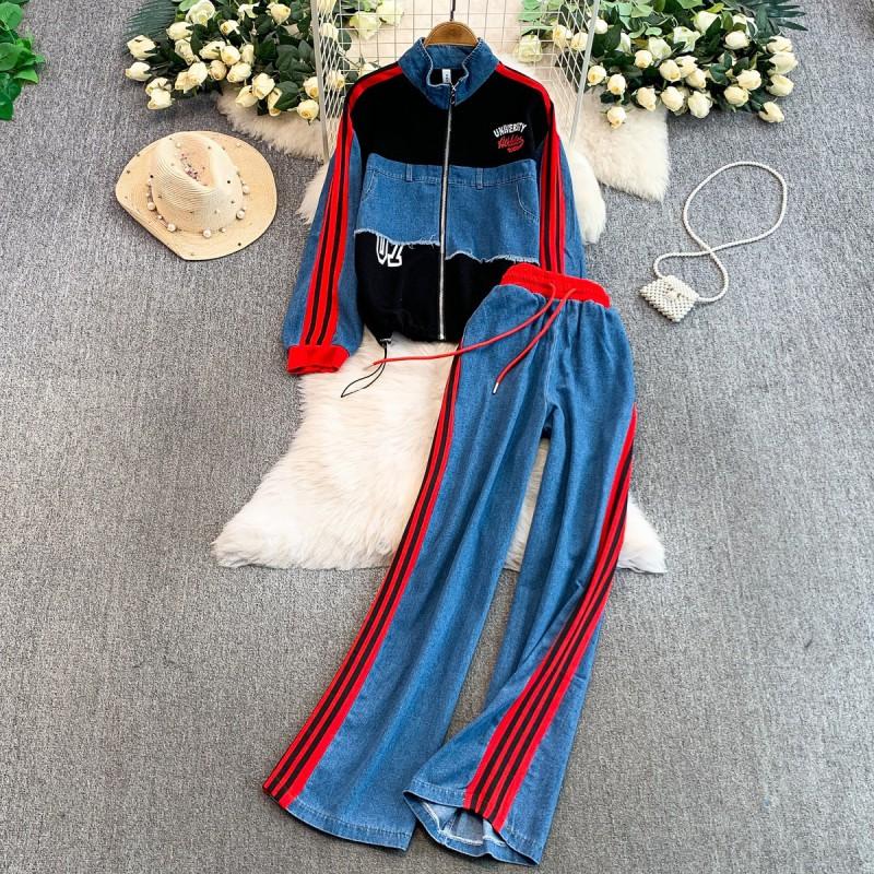 Womens Denim Zip-Up Jacket With Embroidered Letter Patch Wide-Leg Pants Set Winter Casual Outfit