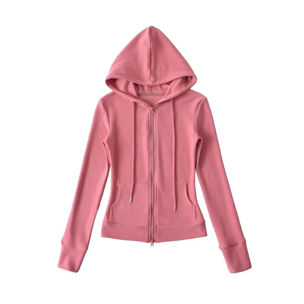 Women's American Style Thermal Fleece Slim Fit Hooded Yoga Sweatshirt with Double Zippers & Large Pockets for Autumn/Winter.