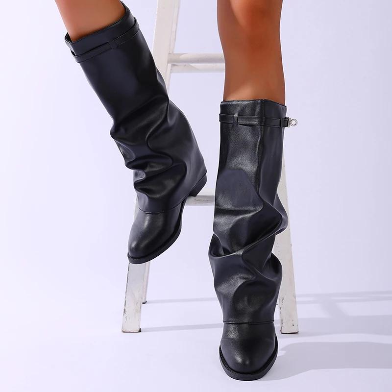 Fashion Brand Design Black Pu Leather Knee High Boots Women Slip On Height Increase Long Boots Woman Fashion Plus Size 42 Wide Leg Botas