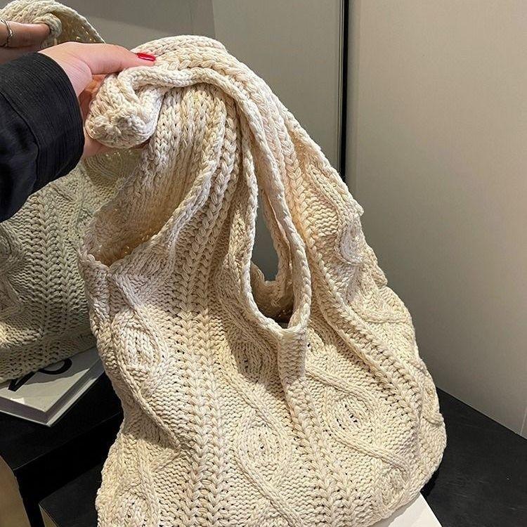 Korean Chic Knitted Floral Shopping Tote - Casual Large Capacity Handheld Shoulder Bag with Woven Vest Design