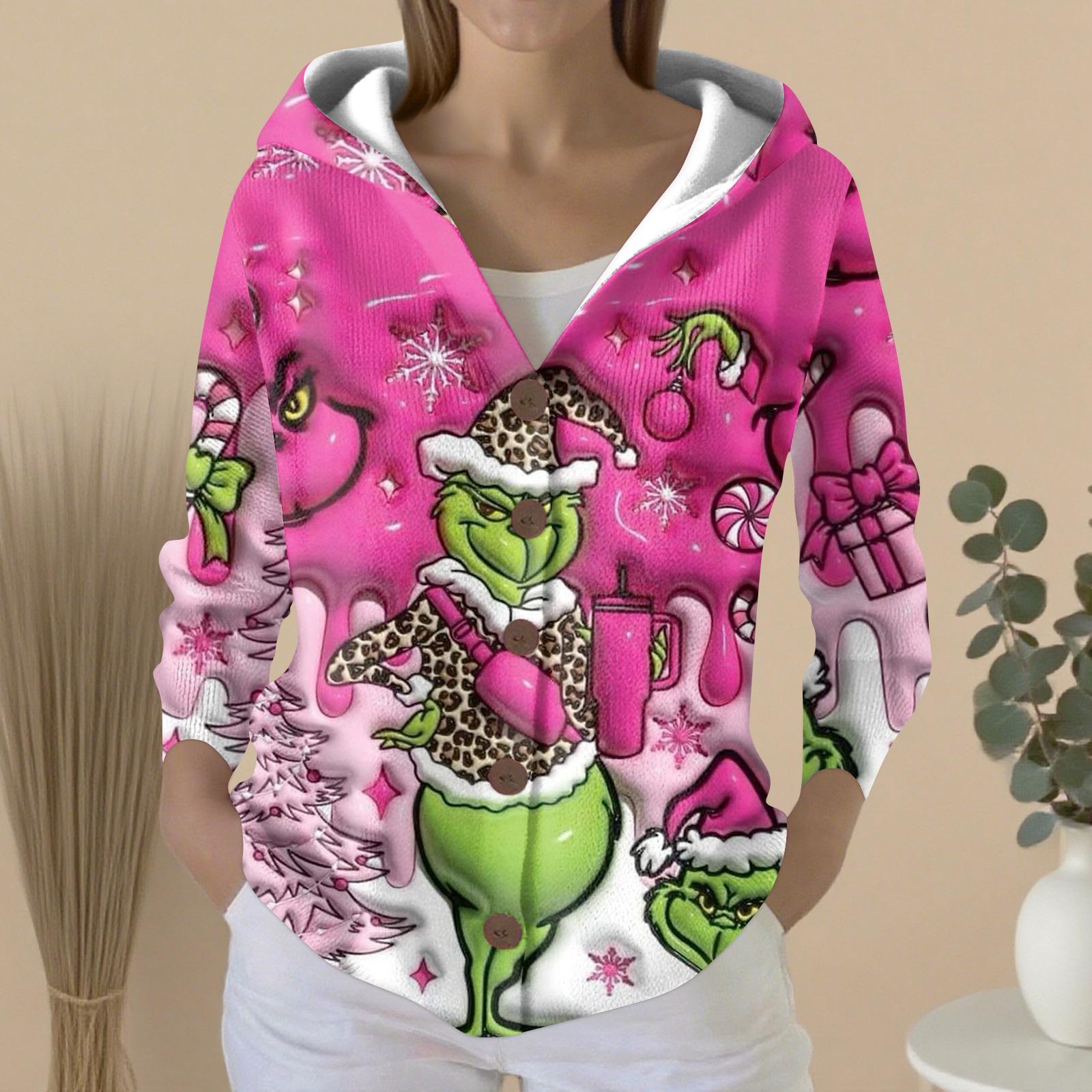 

Женский модный повседневный свитер на пуговицах с принтом, кардиган, куртка с капюшоном XL розовый