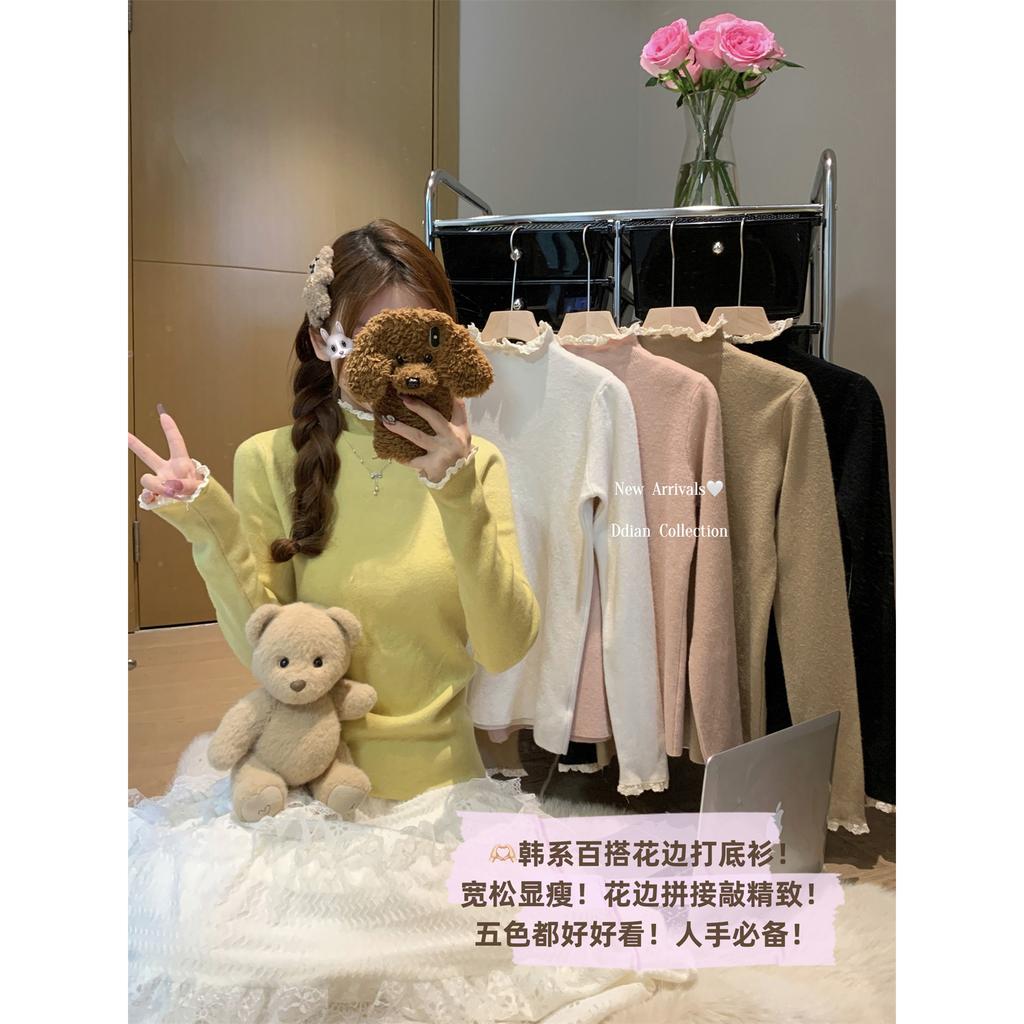 Lace semi-turtleneck knitted sweater women's autumn and winter slim-fitting and thin shoulder long-sleeved bottoming sweater basic top
