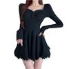 Sexy Solid Knit Dress with Tight Long Mini Square Lolita Short Perfect for Everyday and Dates [SDSXZWG] Women's Fit, Sleeves, Lace, Neck, A-Line,