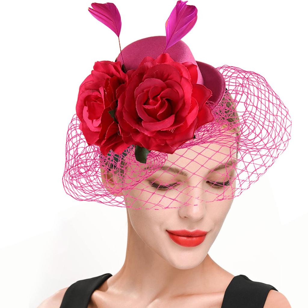 Fascinator Hat for Women Tea Party Headband Wedding Hat Vintage Pillbox Mesh Flower Feathers Hair Clip Stylish