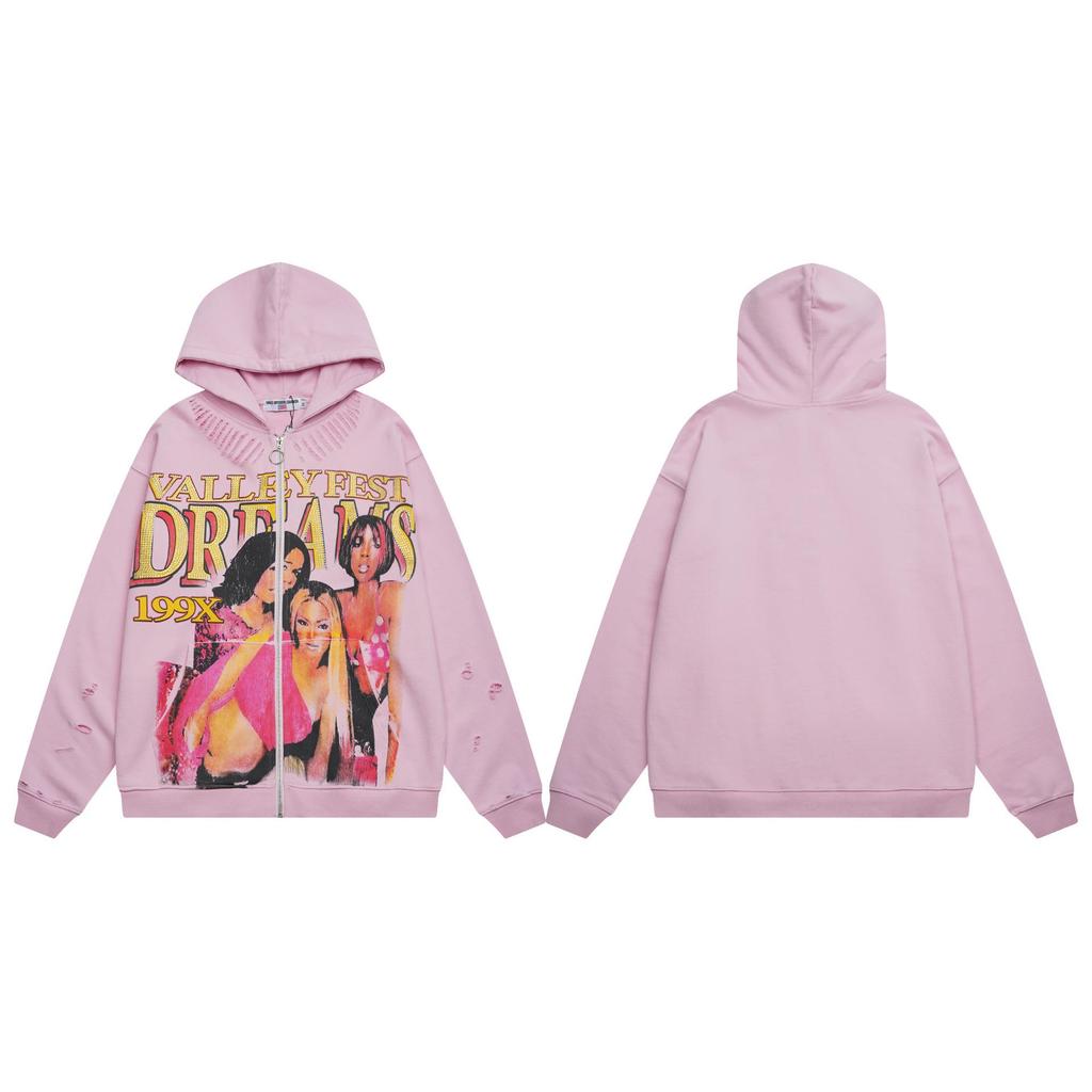 Trendy American Street Style Retro Distressed Letter Print Zipper Hooded Sweatshirt