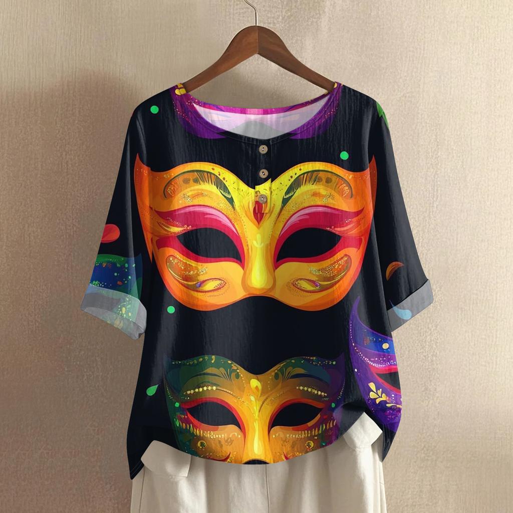 Women's Carnival Printed Casual Mid Sleeve Round Neck Cotton And Hemp Top