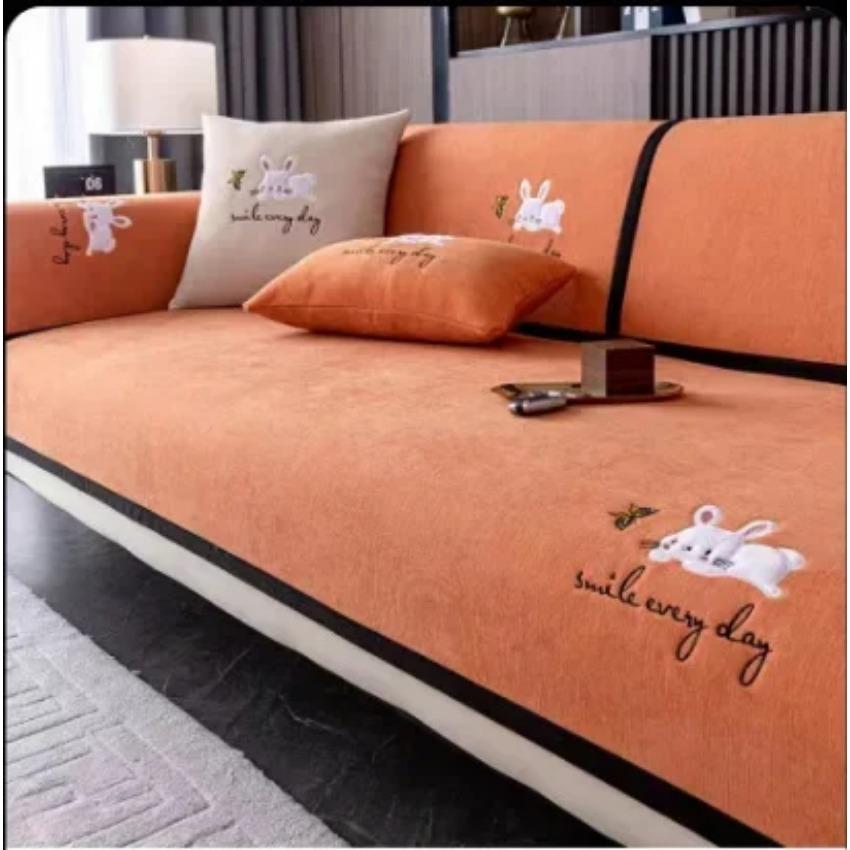 

Чехол для дивана с вышивкой кроликов, черный край, удобная универсальная подушка для дивана из синели, однотонная нескользящая ткань для гостиной 90x210