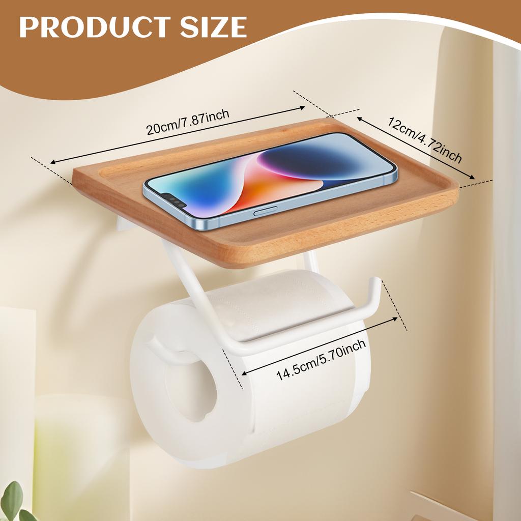 Toilet Paper Holder with Natural Walnut Wooden Shelf Wall Mount Toilet Paper Tissue Holder Tissue Paper Roll Holder with 2 Hooks