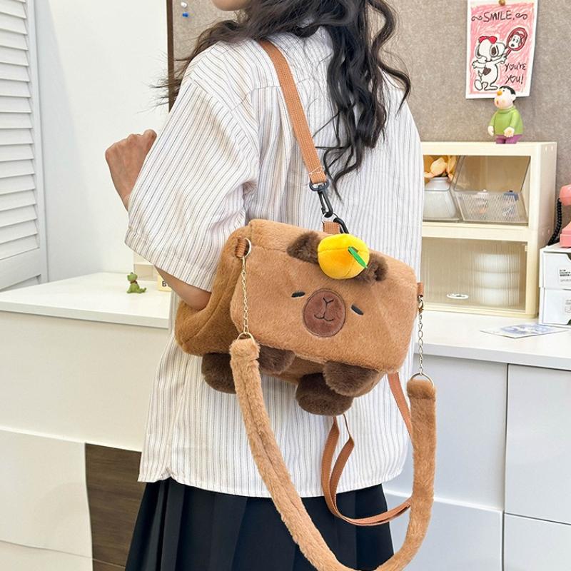 Cute Orange Capybara Plush Backpack Kawaii Large Capacity Capibara Crossbody Bag Lovely Fluffy Student Women Bag Birthday Gift