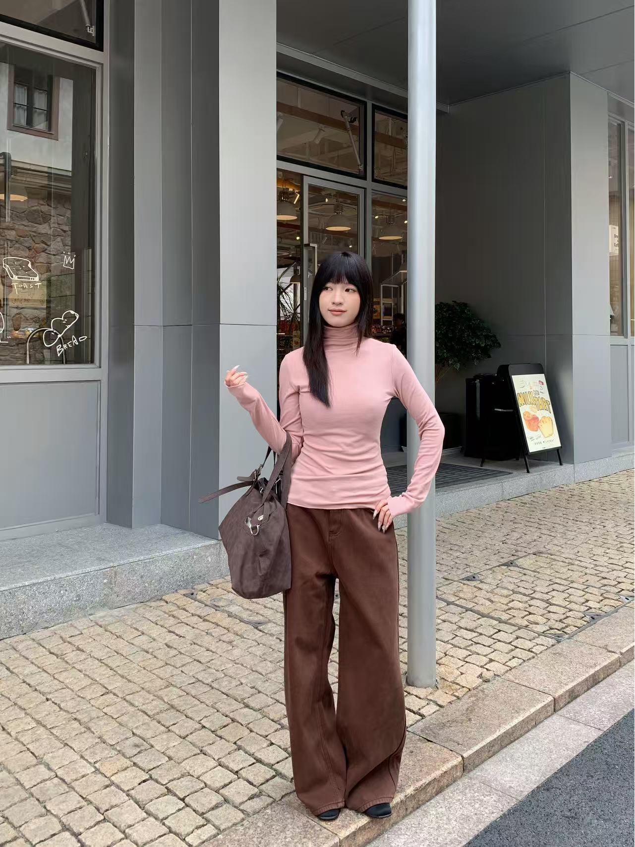 Yuyi 2025 Autumn/Winter Versatile Women s High Neck Long Sleeve Slimming Bodycon Top One Size розовый