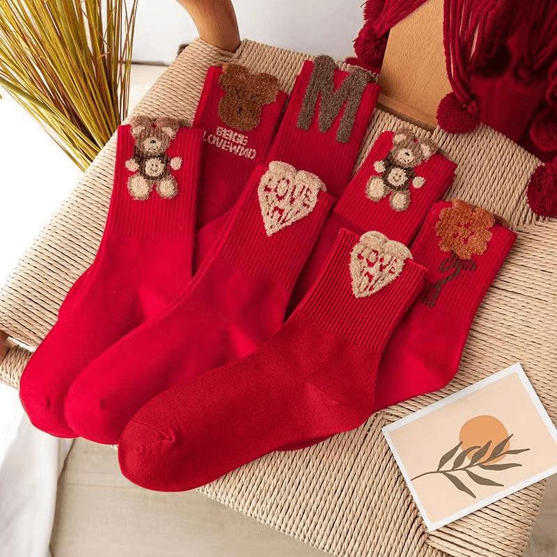 Benmingnian Women's Festive Mid-Calf Red Socks - High-Waisted, Warm, Odor-Resistant for Autumn-Winter Weddings and New Year Celebrations.