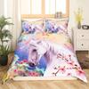 White Horse Pink Cherry Blossom King Full Bedding Set Watercolor Floral Duvet Cover Animal Quilt Cover Polyester Comforter Cover