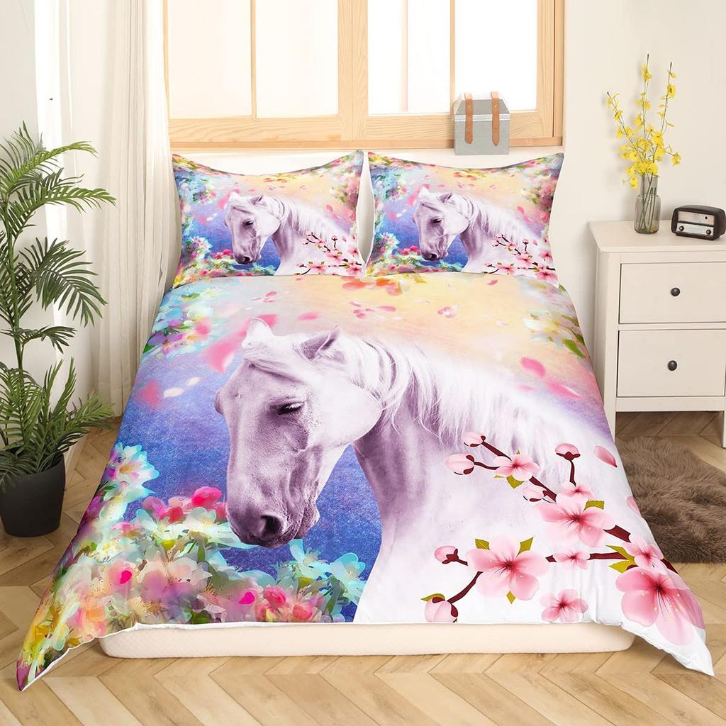 White Horse Pink Cherry Blossom King Full Bedding Set Watercolor Floral Duvet Cover Animal Quilt Cover Polyester Comforter Cover