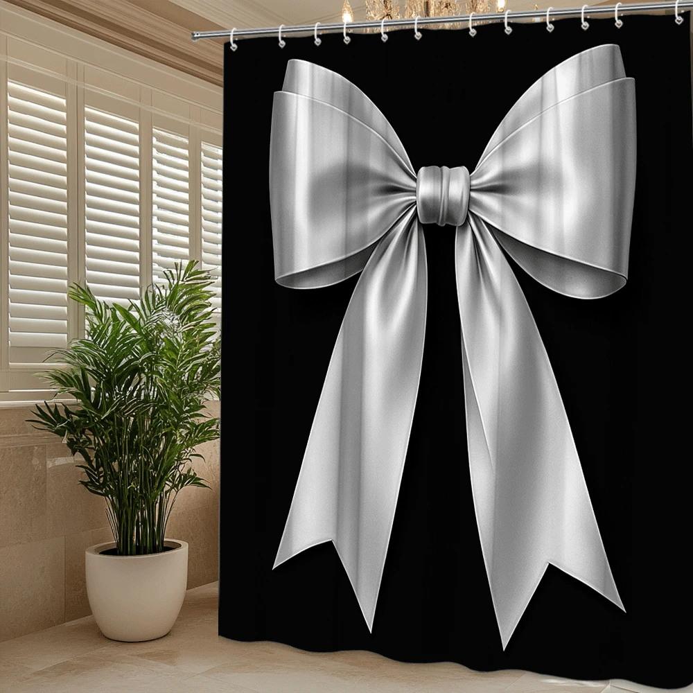 Elegante Cortina de Ducha con Lazo Plateado Fondo Negro Lujo Diseño de Cinta de Satén Decoración de Baño de Moda Impermeable no tóxico