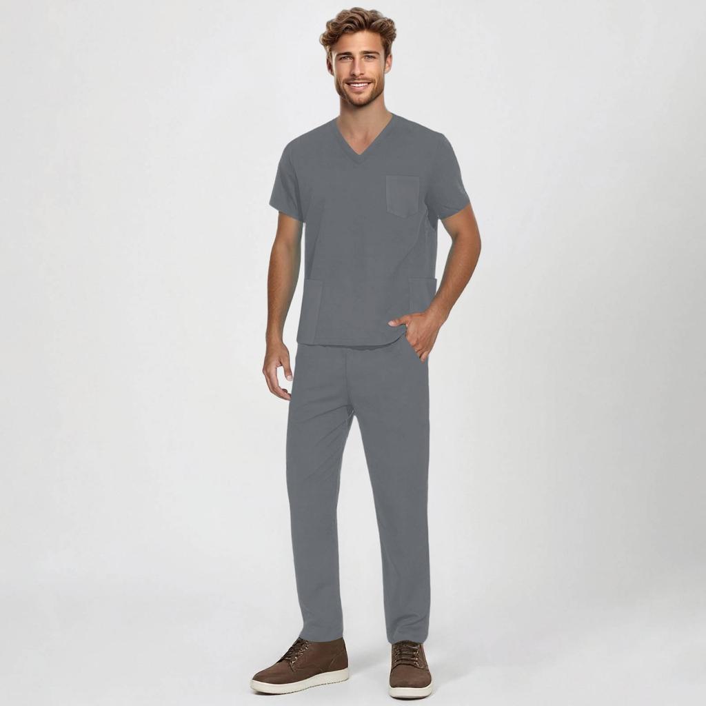 Men's Short-sleeved V-neck Solid Color Printed Breast Pocket Care Top Elastic Waist Trousers Two-piece Work Suit