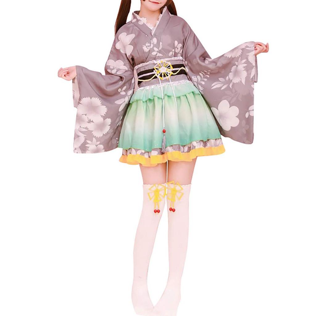 Japanisches Lolita Kimono Kleid mit Kirschblüten Haori und Miniskirt Cosplay Sommer Feuerwerk Bühnenkleidung Muster, Set, Yukata, Kostüm, Festival,