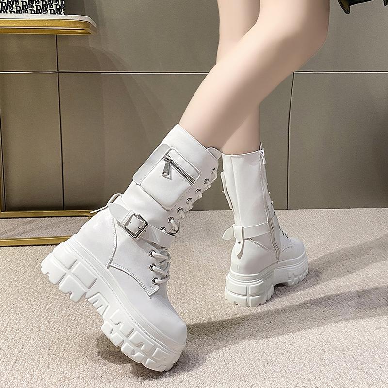 Fashion 9CM Autumn Warm Ankle Boots for Women Leather Short Boots Round Toe High Platform Fur Motorcycle Boots Thick Heel Sneakers Shoe