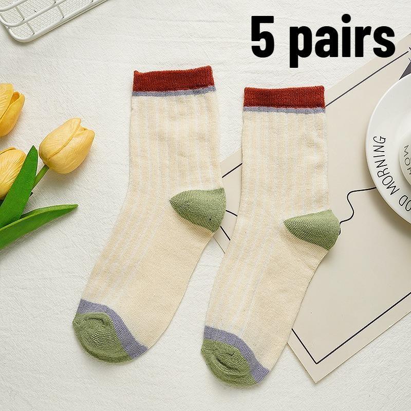 5 Paar Damen-Socken mit Spleiß-Design in Bonbonfarben, gerippt in der Mitte des Schlauchs, atmungsaktiv, schweißabsorbierend, hochelastisch
